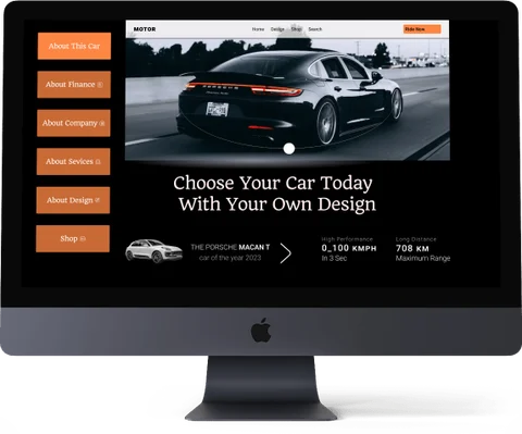 The desktop showcase pairs a large car image with an orange navigation rail.