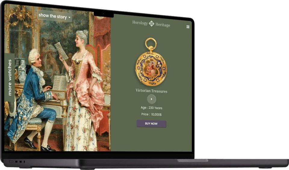 Historical artwork sits beside a featured pocket watch and its details.