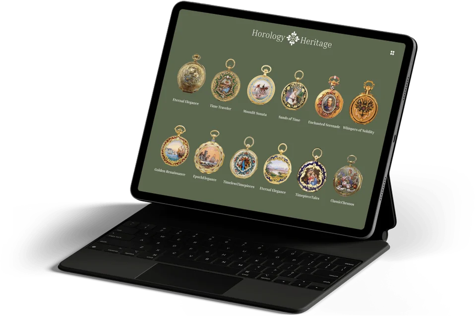 The catalogue view arranges a collection of watches in a regular grid.