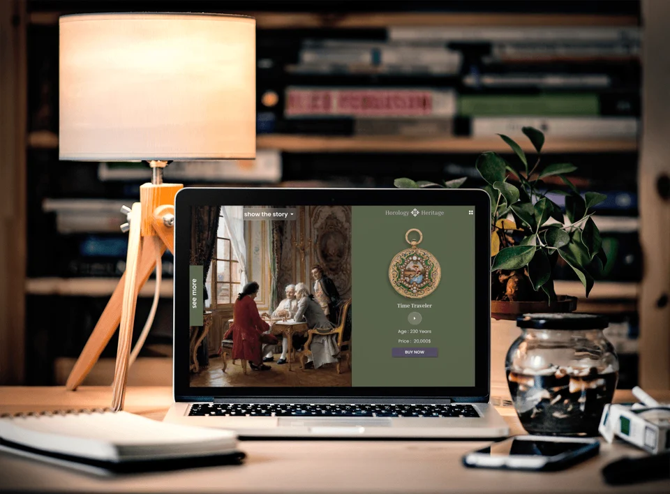 A desk presentation of the artwork-led watch page.