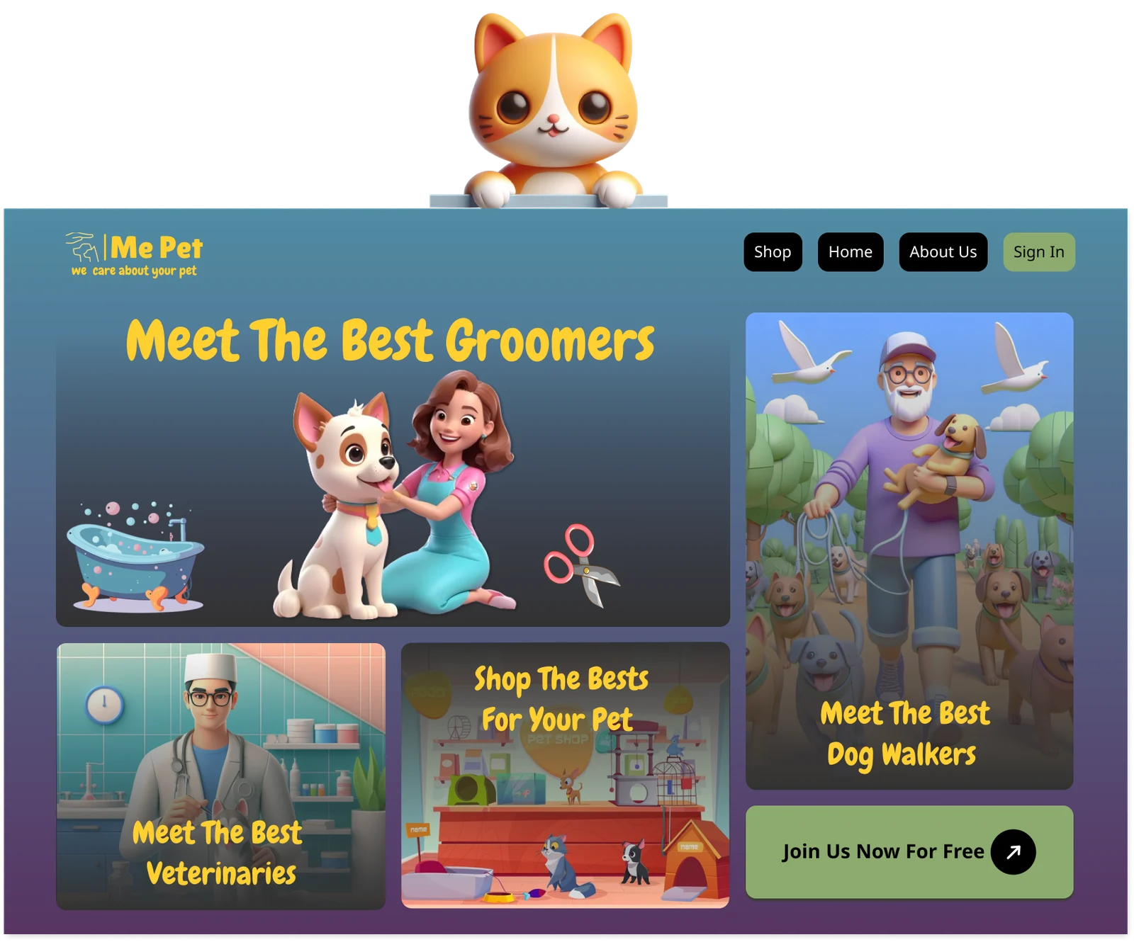 MePet pet-care platform homepage in purple and yellow