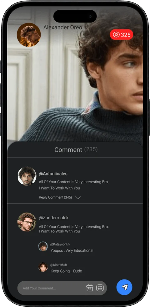 A post view combines a large image with comments and a message control.