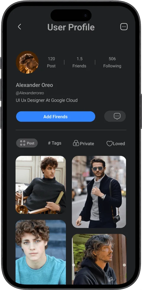 The profile screen places account information above a photo grid.