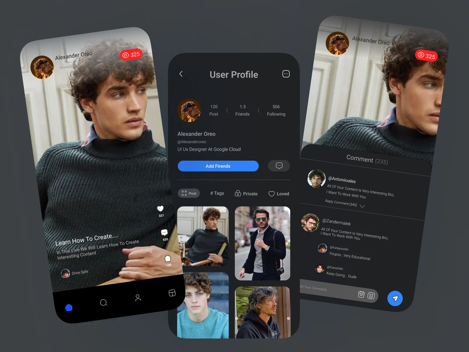 Profile and post views shown together as a dark-theme interface study.